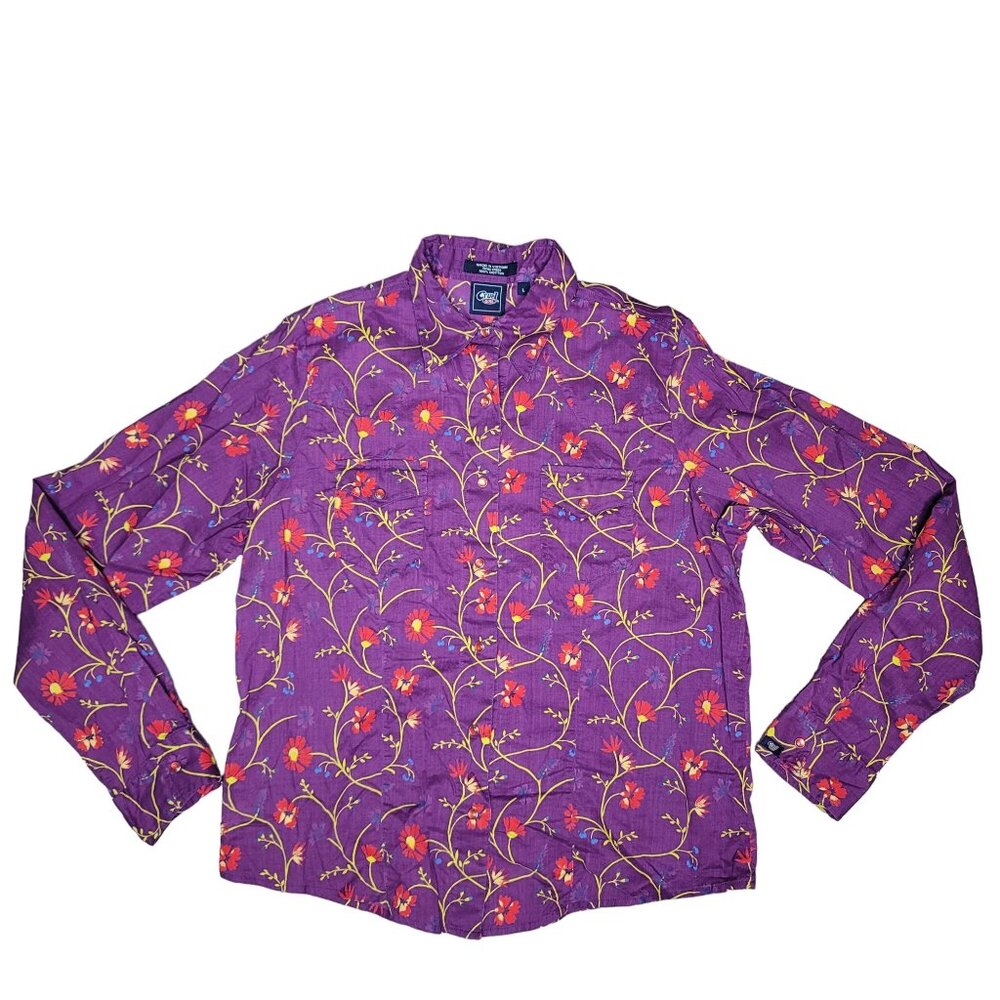 Cruel Girl Women's Purple Floral Button-Up Long Sleeve Shirt Size L 100% Cotton
